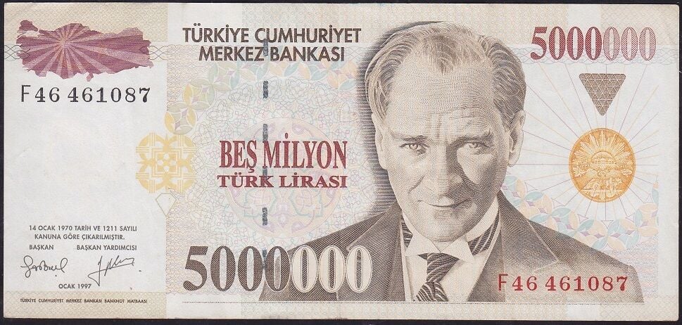 7.Emisyon 5000000 Lira F46 461087 Çok Temiz+