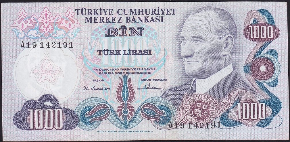 6.Emisyon 1.Tertip 1000 Lira A19 142191 Çok Çok Temiz+