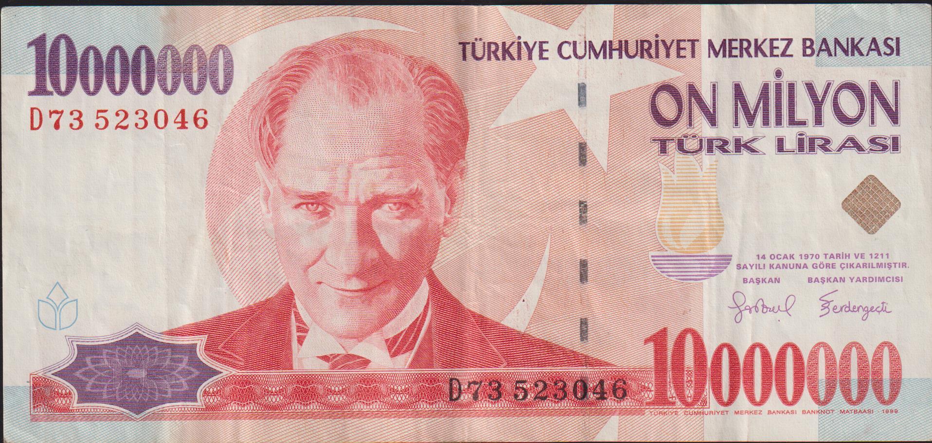 7.Emisyon 10 000 000 Lira D73 523046 Çok Temiz+