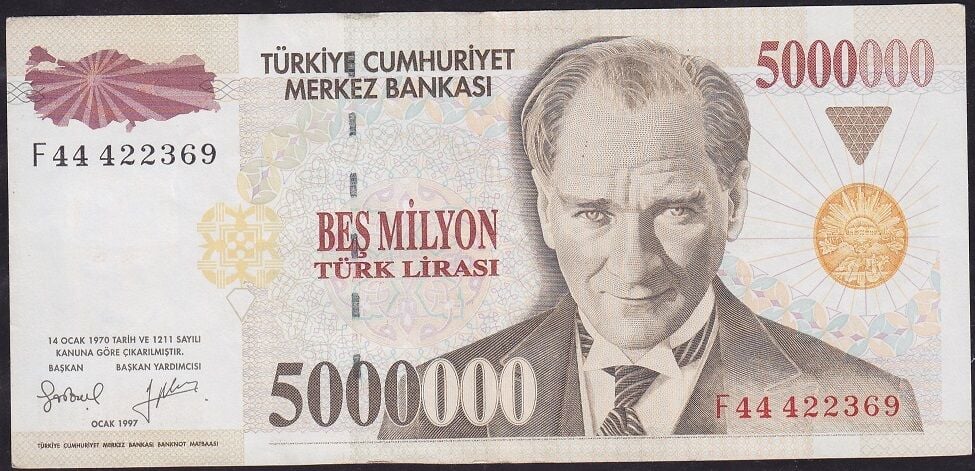 7.Emisyon 5.000.000 Lira F44 422369 Çok Çok Temiz+