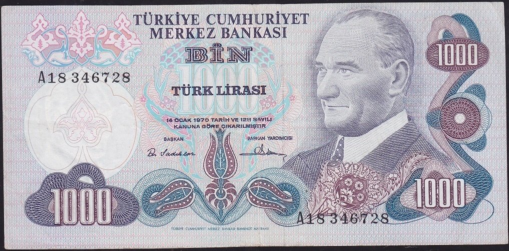 6.Emisyon 1.Tertip 1000 Lira A18 346728 Çok Temiz+