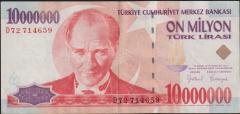 7.Emisyon 10 000 000 Lira D72 714659 Çok Temiz+