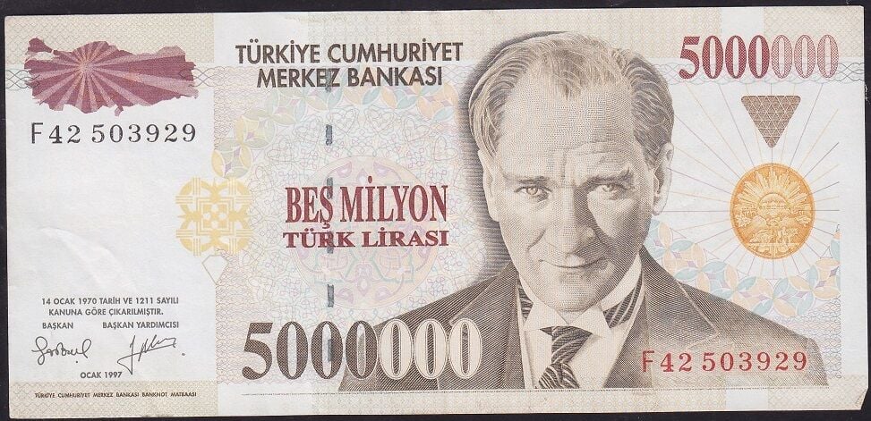7.Emisyon 5000000 Lira F42 503929 Çok Çok Temiz+