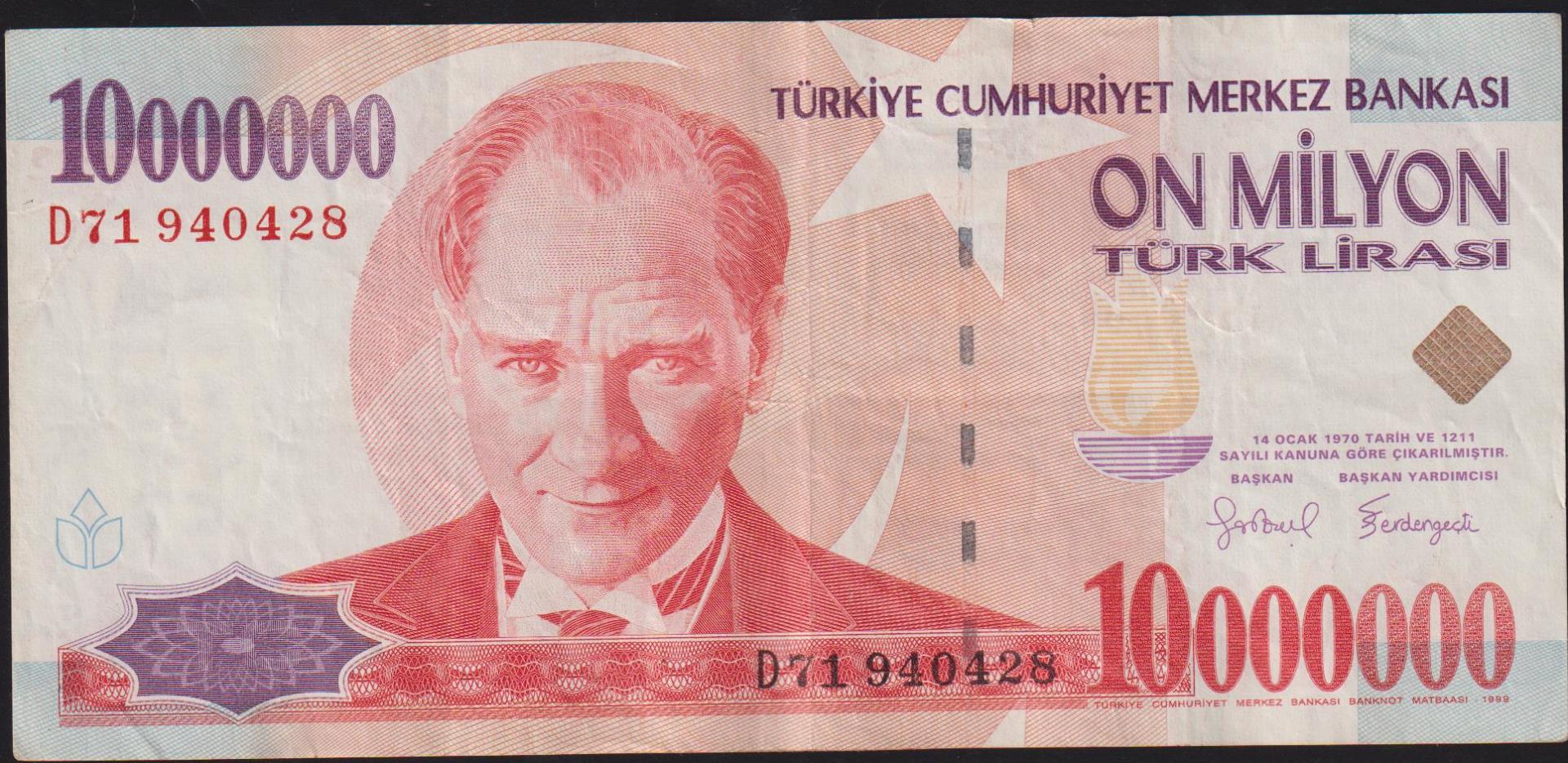 7.Emisyon 10 000 000 Lira D71 940428 Çok Temiz