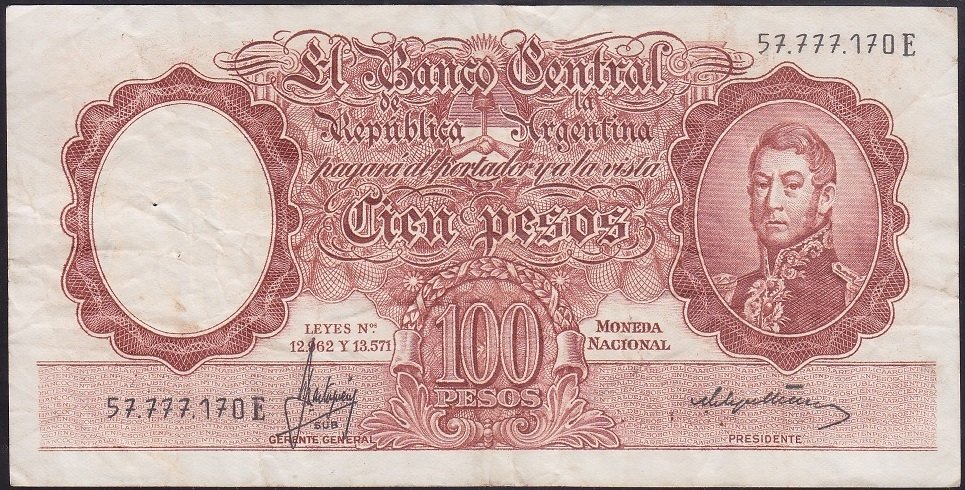 Arjantin 100 Pesos 1957 (1966-1967 ) Çok Temiz + Pick272