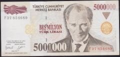7.Emisyon 5.000.000 Lira F37 854689 Çok Çok Temiz+
