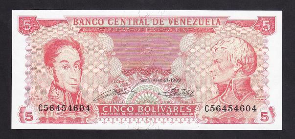 Venezuela 5 Bolivares 1989 Çil Pick 70b