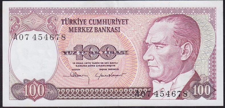 7.Emisyon 1.Tertip 100 Lira A07 454678 Çilaltı