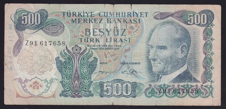 6.EMİSYON 2.TERTİP 500 LİRA Z91 617658 TEMİZ