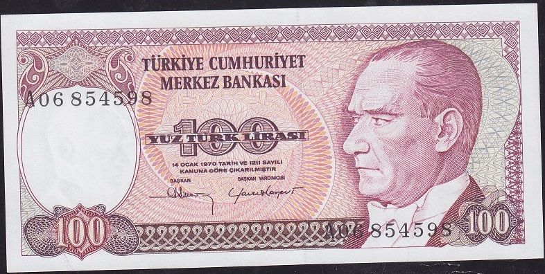 7.Emisyon 1.Tertip 100 Lira A06 854598 Çil