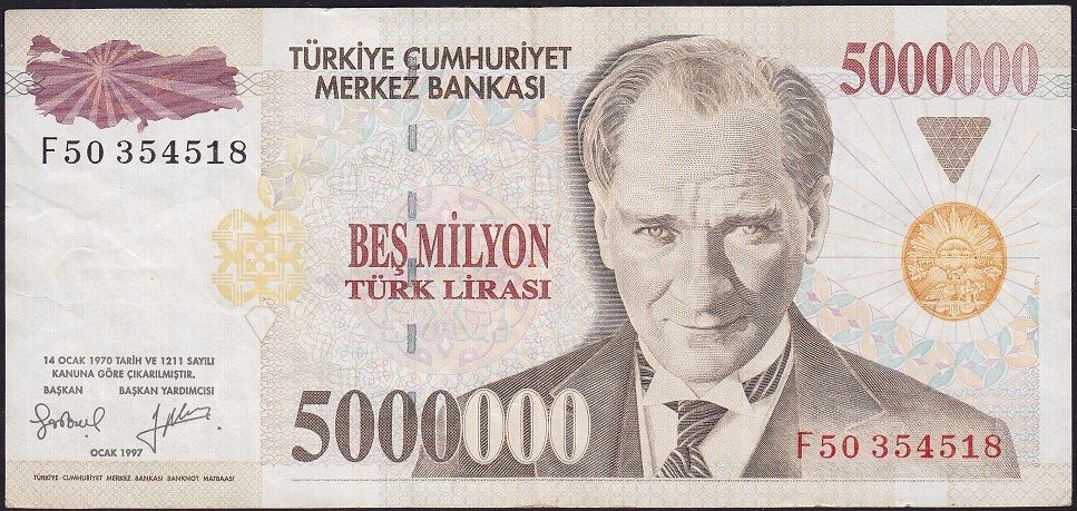 7.Emisyon 5 000 000 Lira F50 354518 Çok Temiz+