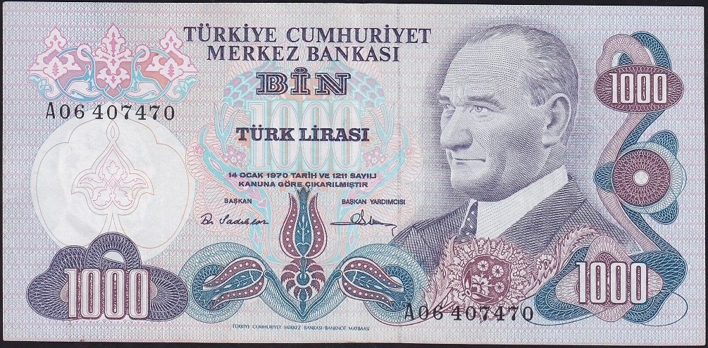 6.Emisyon 1.Tertip 1000 Lira A06 407470 Çok Temiz+