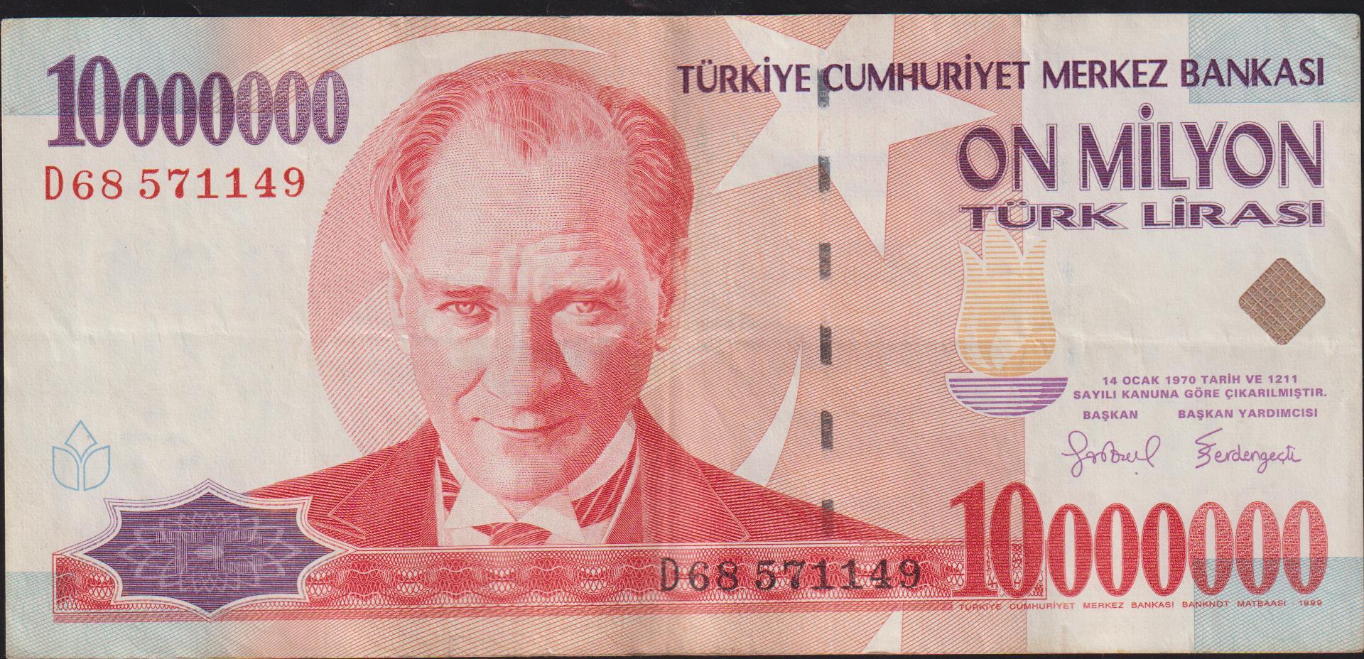 7.Emisyon 10 000 000 Lira D68 571149 Çok Temiz