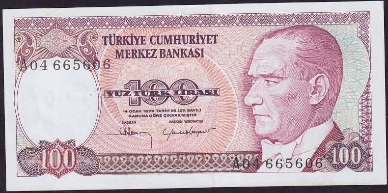 7.Emisyon 1.Tertip 100 Lira A04 665606 Çilaltı