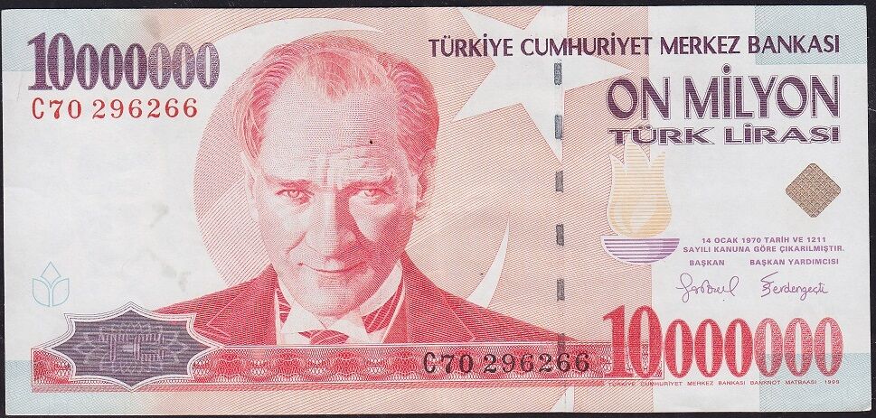 7.Emisyon 10 000 000 Lira C70 296266 Çok Çok Temiz+