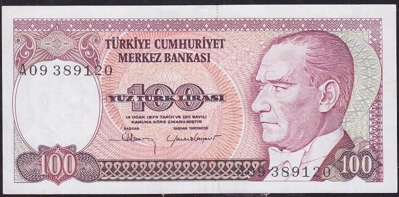 7.Emisyon 1.Tertip 100 Lira A09 389120 Çok Temiz+