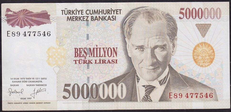 7.Emisyon 5000000 Lira E89 477546 Çok Temiz+