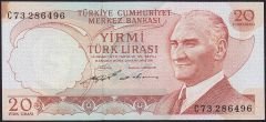6.Emisyon 2.Tertip 20 Lira C73 286496 Ççt Çilaltı