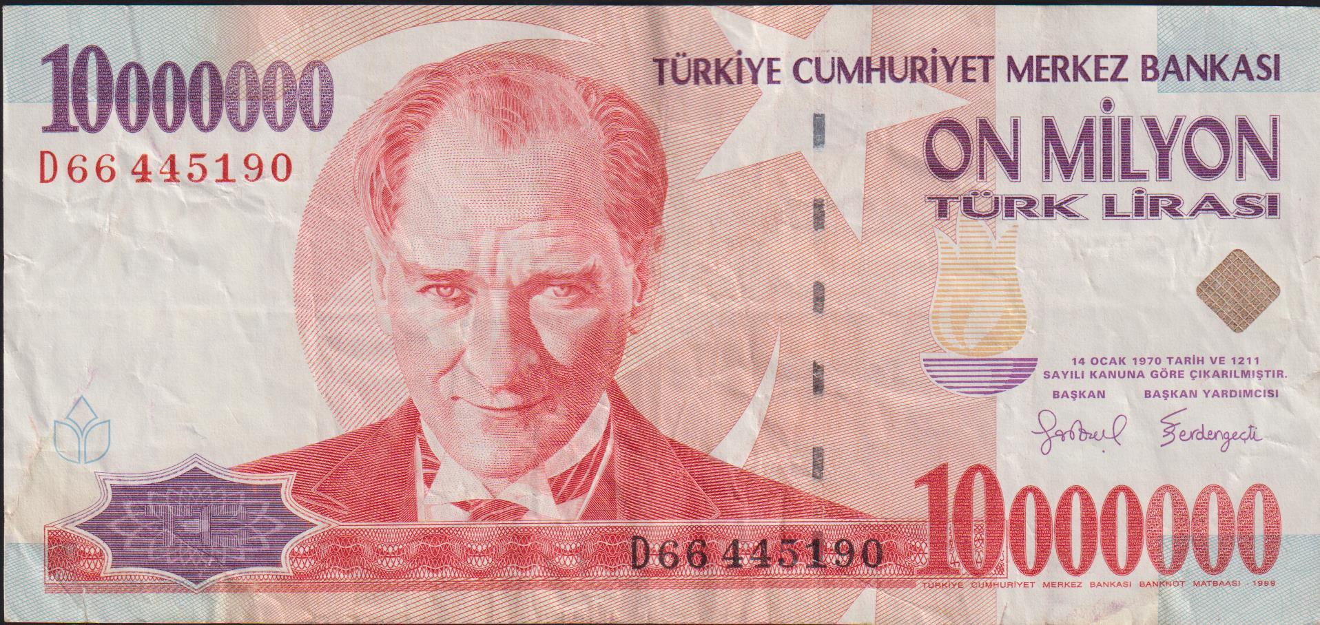 7.Emisyon 10 000 000 Lira D66 445190 Çok Temiz