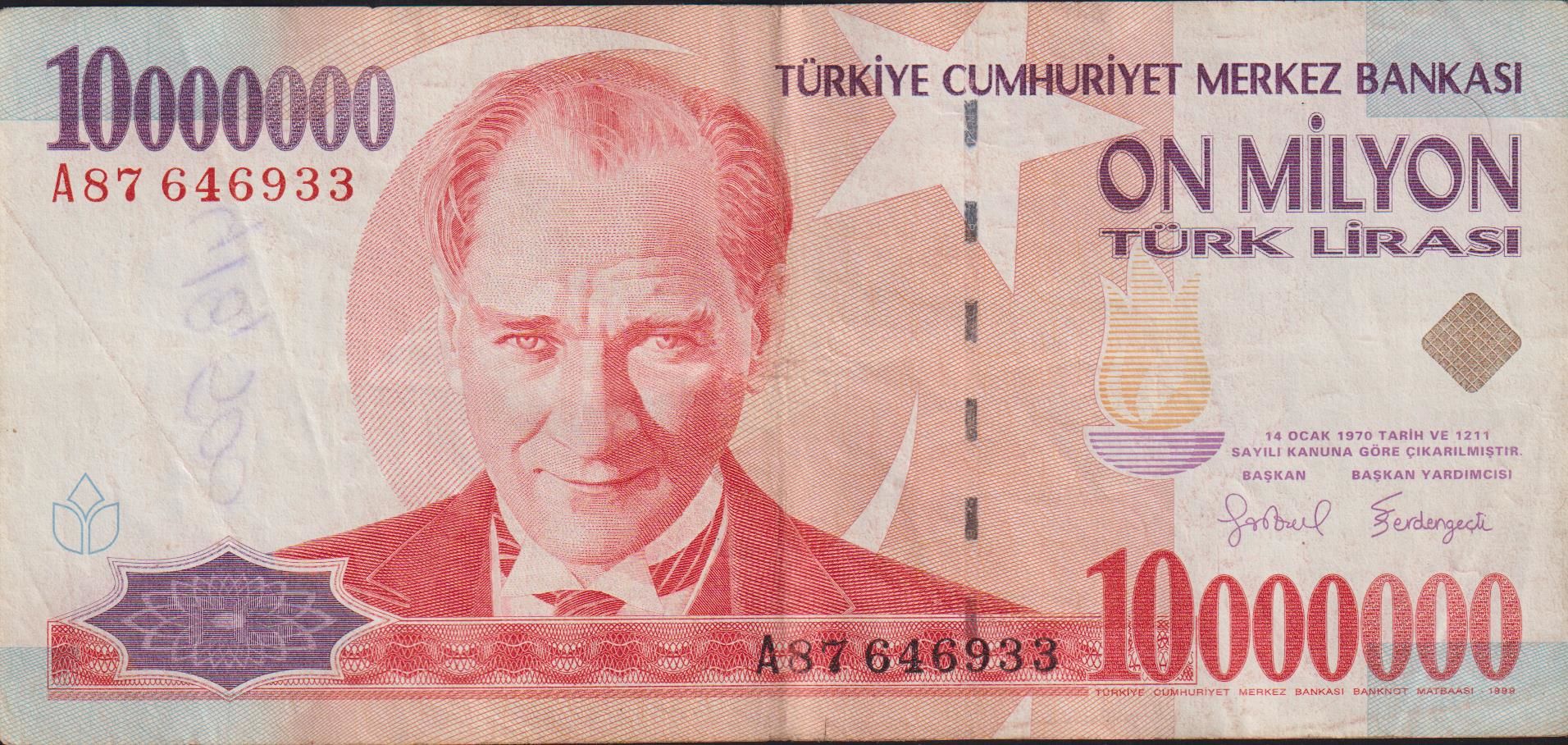 7.Emisyon 10 000 000 Lira A87 646933 Çok Temiz