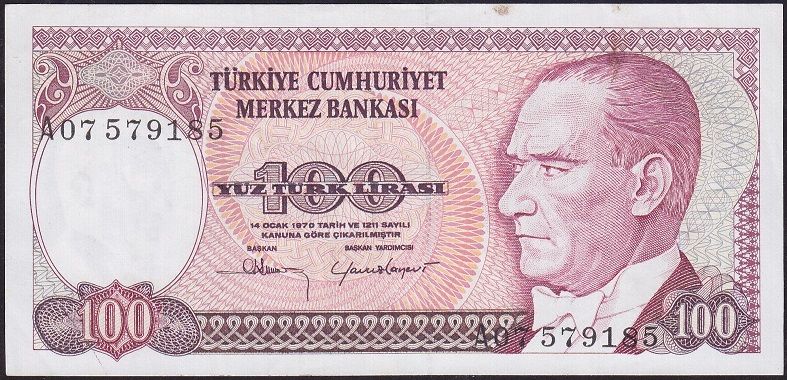 7.Emisyon 1.Tertip 100 Lira A07 579185 Çok Temiz+