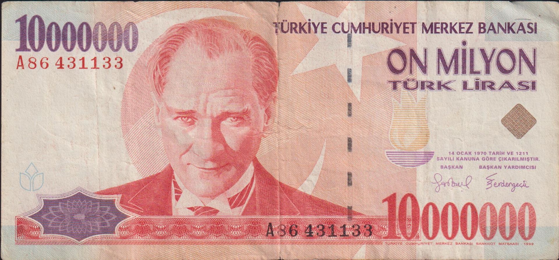 7.Emisyon 10 000 000 Lira A86 431133 Temiz