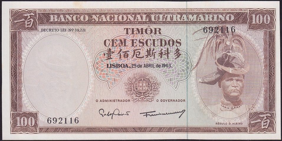 Timor 100 Escudos 1963 Çilaltı Çil Pick 28a ( Hafif sararma var)