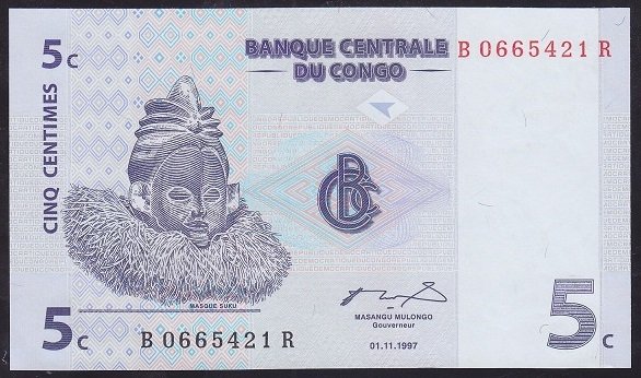 Kongo 5 Centimes 1997 Çil Pick 81