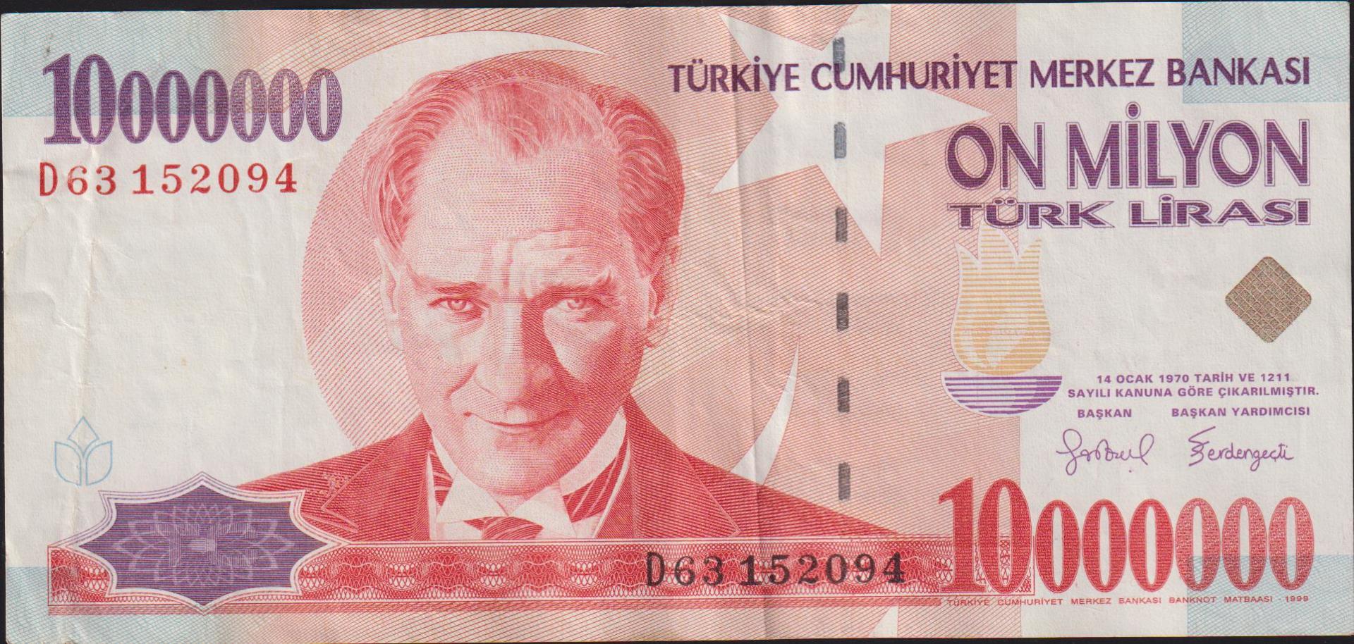 7.Emisyon 10 000 000 Lira D63 152094 Çok Temiz+