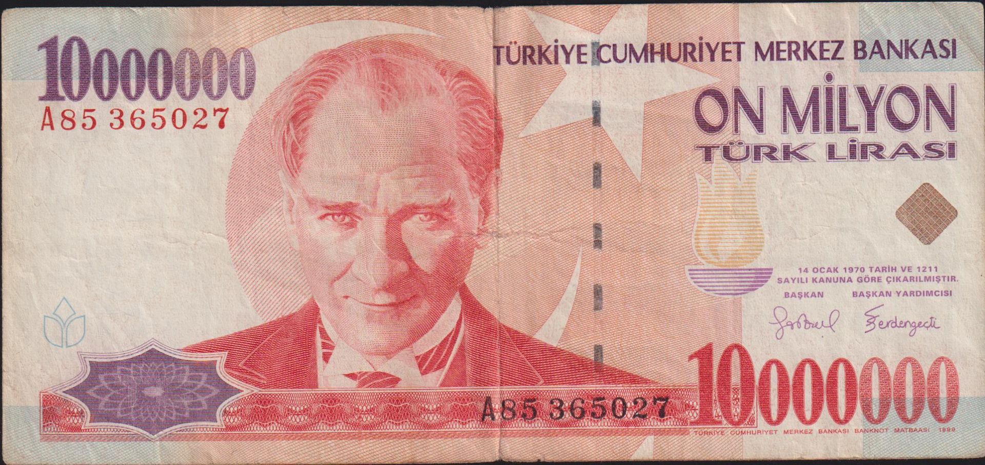 7.Emisyon 10 000 000 Lira A85 365027 Çok Temiz