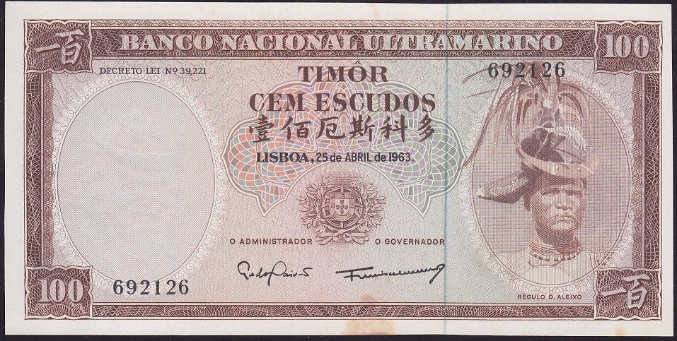 Timor 100 Escudos 1963 Çilaltı Çil Pick 28a ( Sararma var)