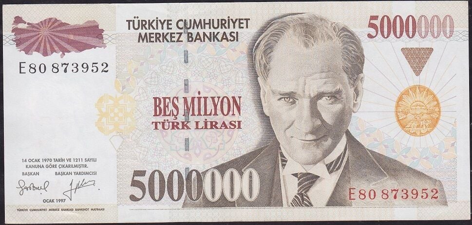 7.Emisyon 5.000.000 Lira E80 873952 Çok Çok Temiz+