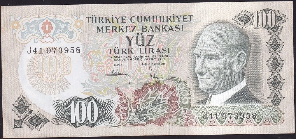 6.Emisyon 3.Tertip 100 Lira J41 073958 Çok Çok Temiz+