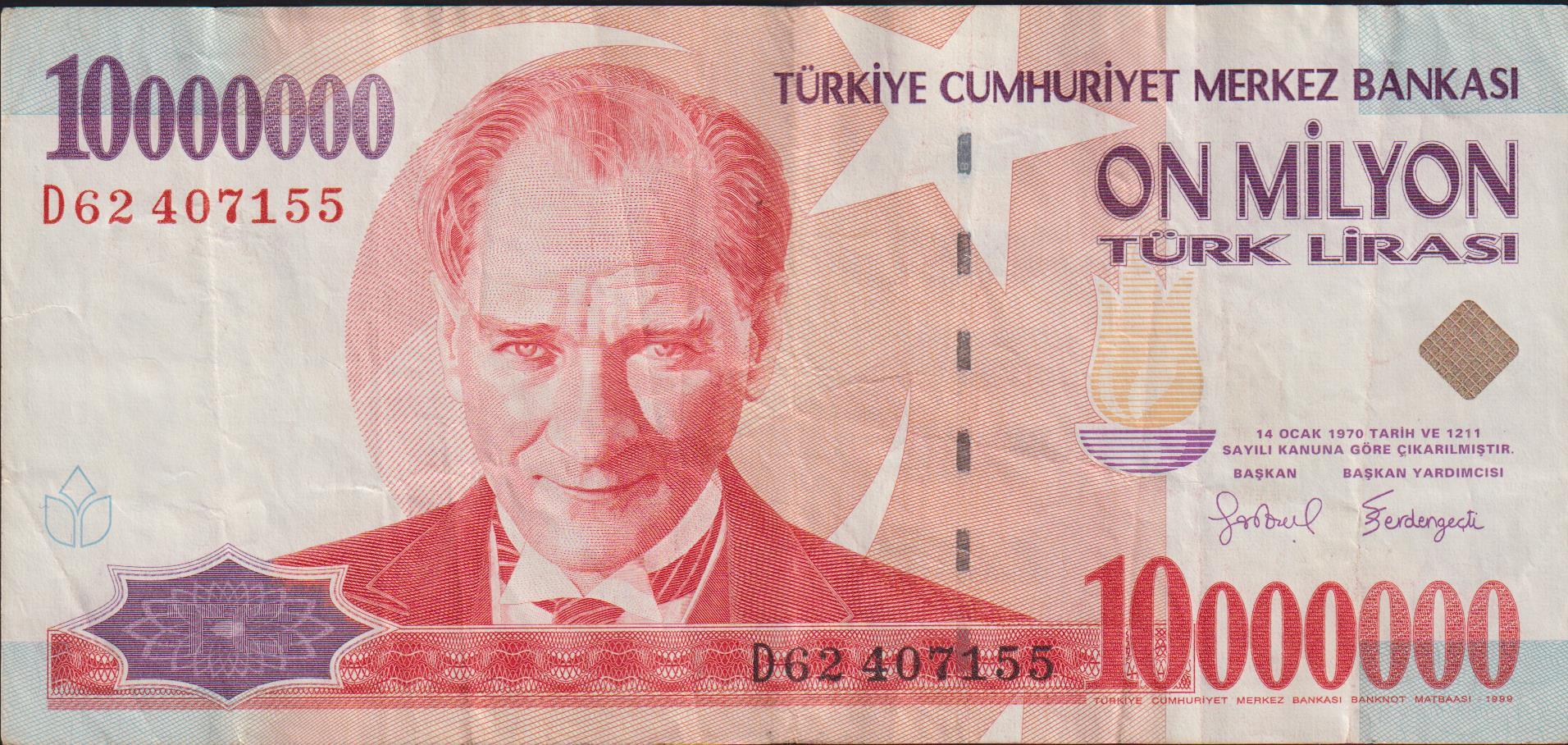 7.Emisyon 10 000 000 Lira D62 407155 Çok Temiz+