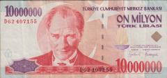 7.Emisyon 10 000 000 Lira D62 407155 Çok Temiz+