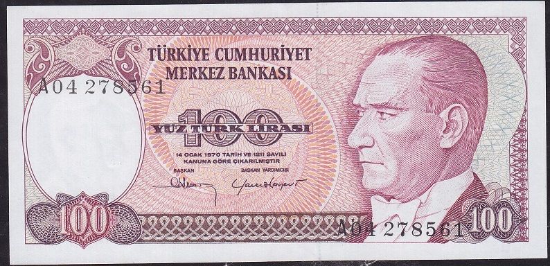 7.Emisyon 1.Tertip 100 Lira A04 278561 Çok Çok Temiz