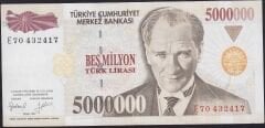7.Emisyon 5.000.000 Lira E70 432417 Çok Temiz+
