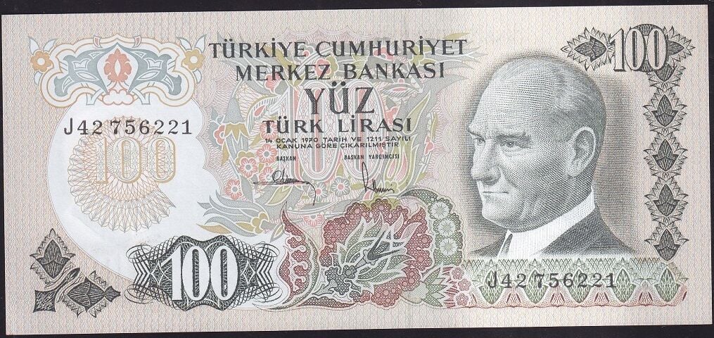 6.Emisyon 3.Tertip 100 Lira J42 756221 Çilaltı Çil