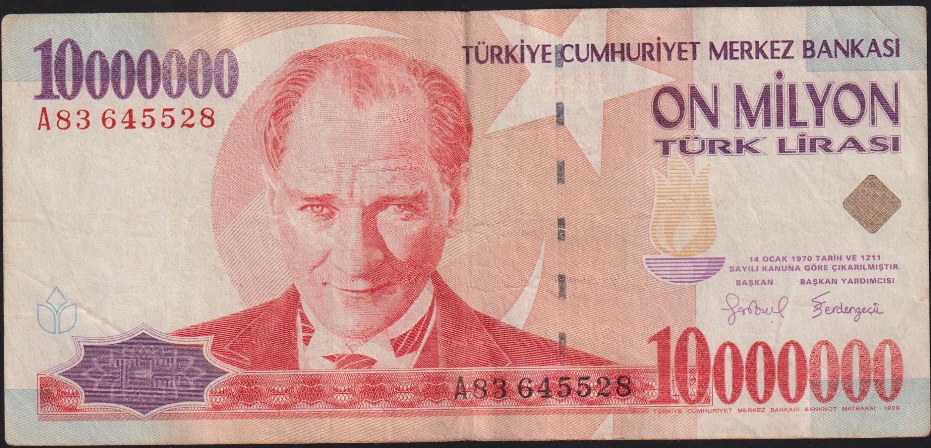 7.Emisyon 10 000 000 Lira A83 645528 Çok Temiz