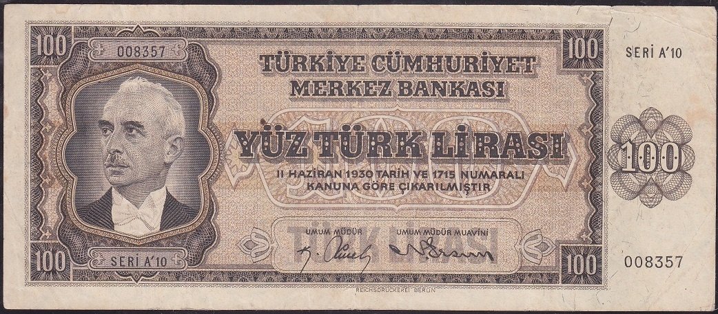 3.Emisyon 100 Lira A10 008357 Çok Temiz +