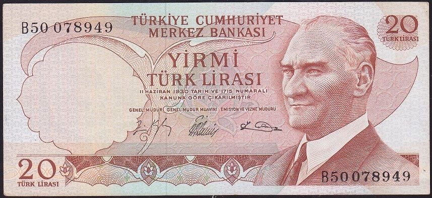 6.Emisyon 1.Tertip 20 Lira B50 078949 Çilaltı