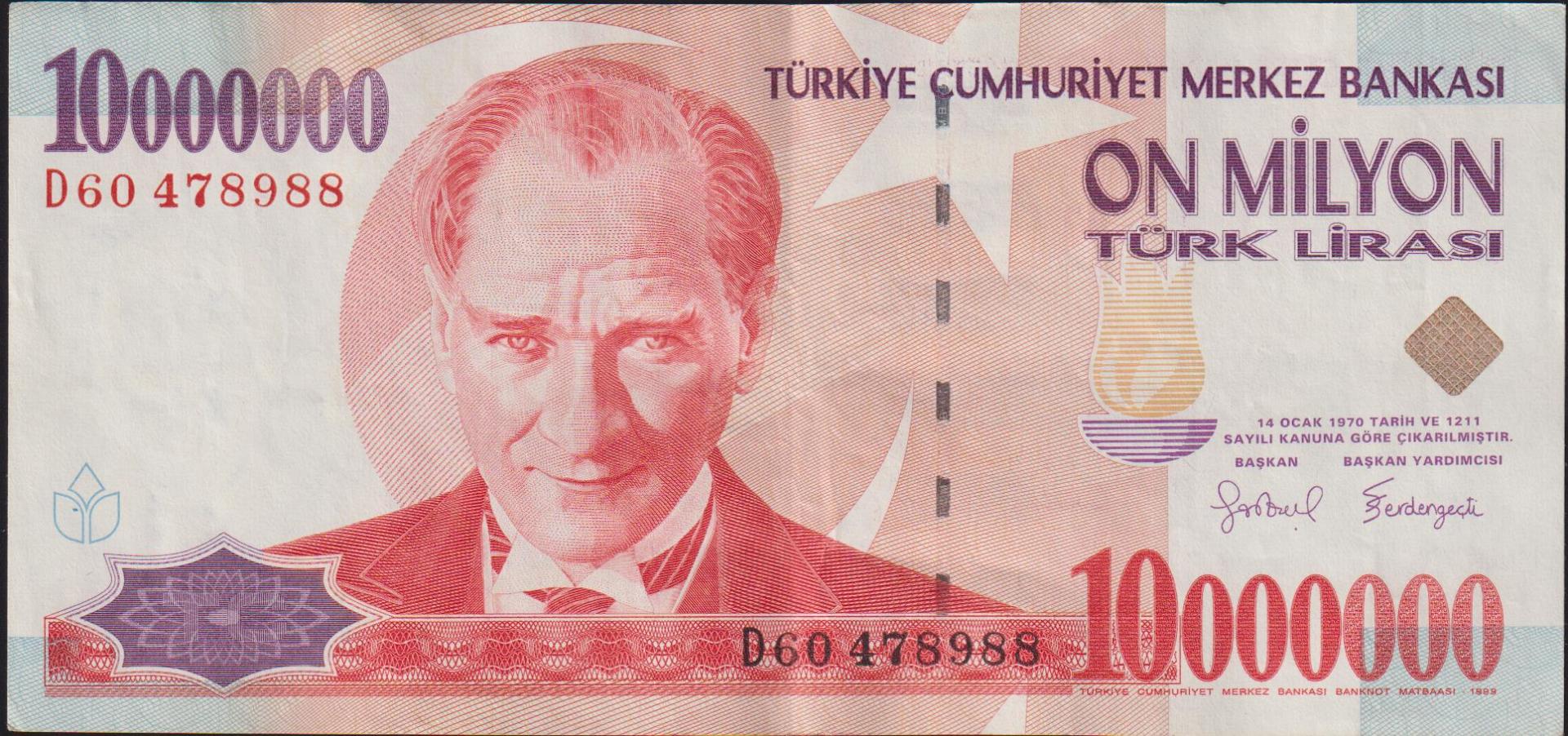 7.Emisyon 10 000 000 Lira D60 478988 Çok Temiz+
