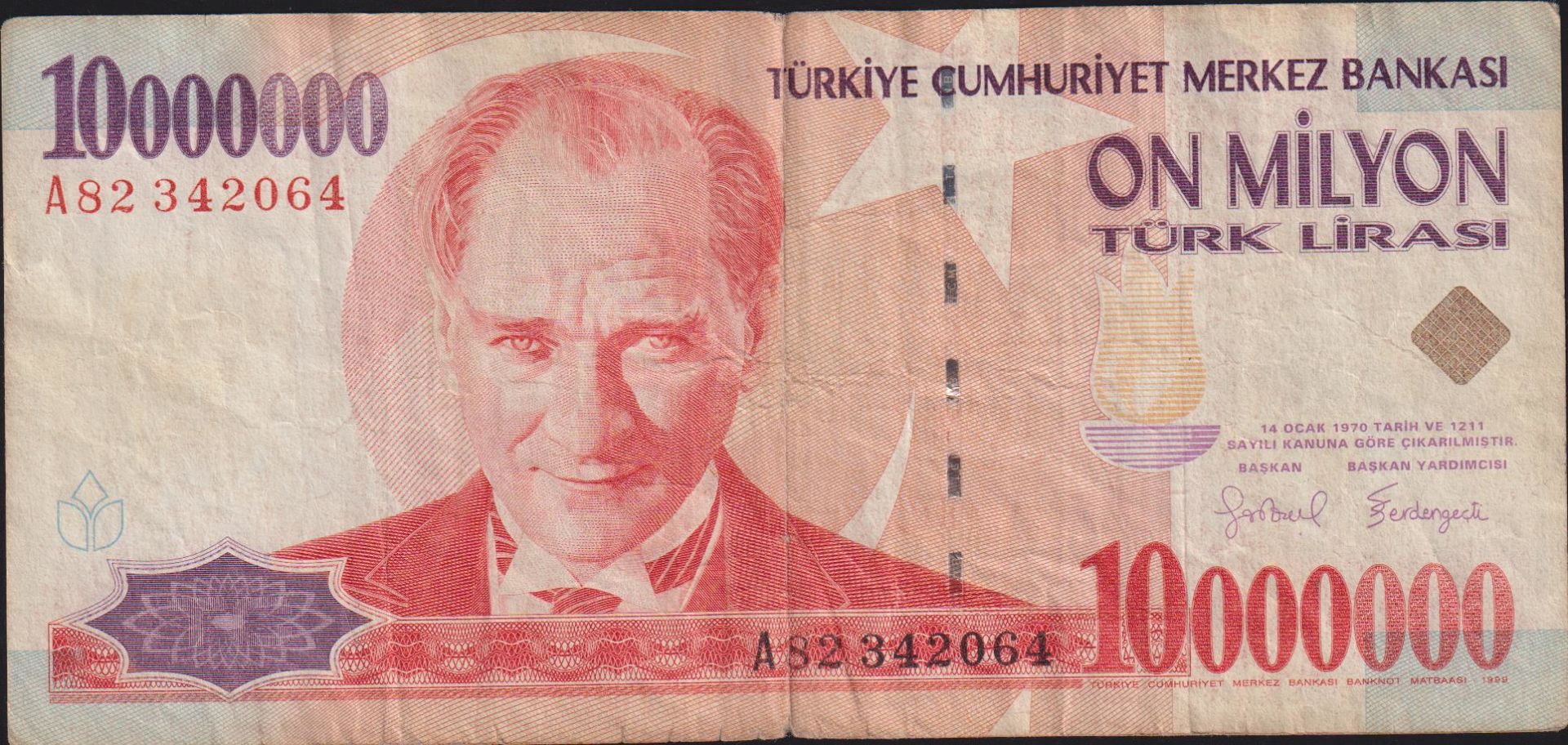 7.Emisyon 10 000 000 Lira A82 342064 Temiz+