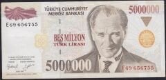 7.Emisyon 5.000.000 Lira E69 656755 Çok Çok Temiz+