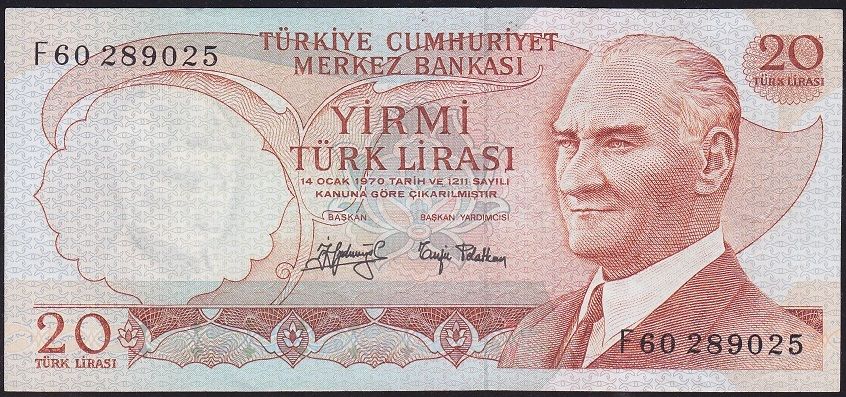 6.Emisyon 3.Tertip 20 Lira F60 289025 Çok Temiz+