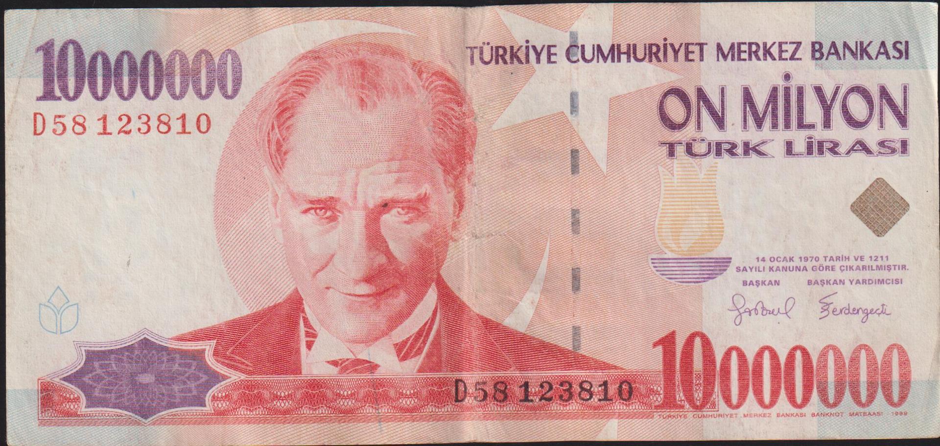 7.Emisyon 10 000 000 Lira D58 123810 Çok Temiz+