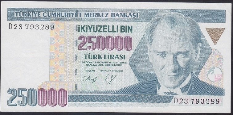7.EMİSYON 1.TERTİP 250000 LİRA D23 793289 ÇÇT + eski kağıt para değerleri