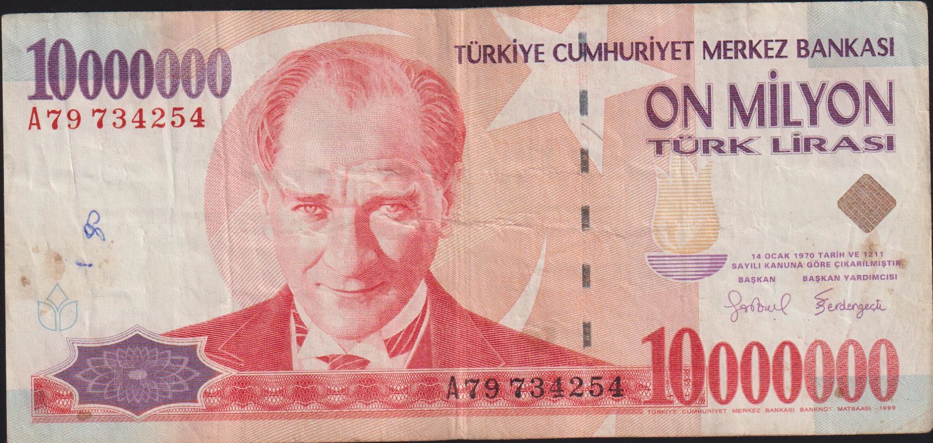 7.Emisyon 10 000 000 Lira A79 734254 Çok Temiz