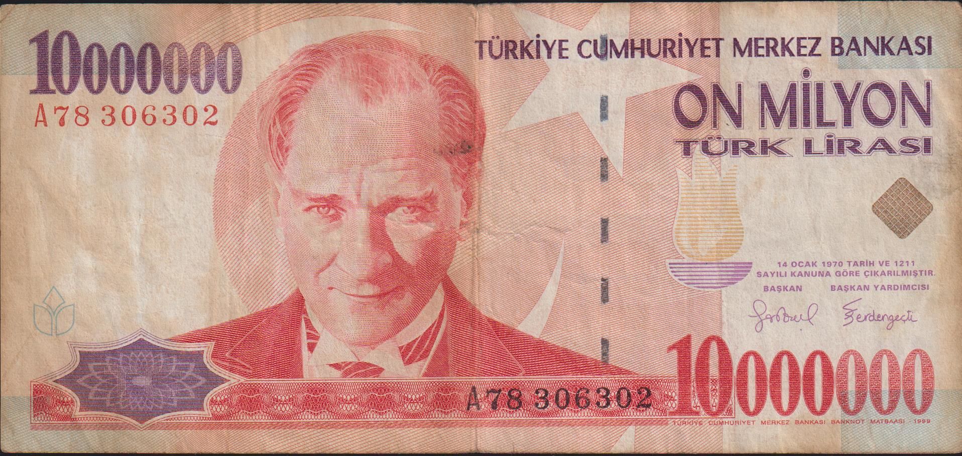 7.Emisyon 10 000 000 Lira A78 306302 Temiz