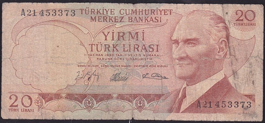 6.Emisyon 1.Tertip 20 Lira A21 453373 Temiz